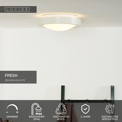 Lucide FRESH - Deckenleuchte Badezimmer - Ø 27 cm - 1xE27 - IP44 - Weiß